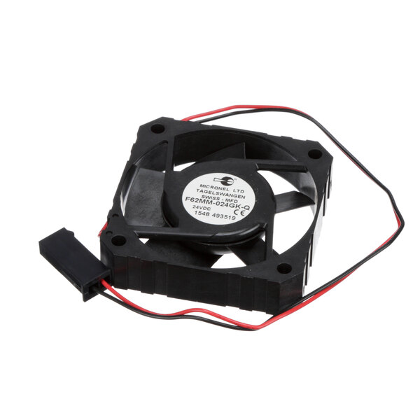 A black Franke fan with red wires.