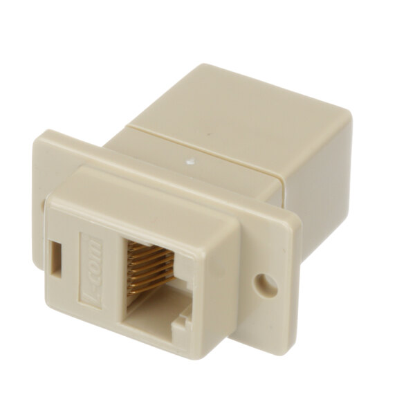 A close-up of a white Duke RJ45 wire connector.
