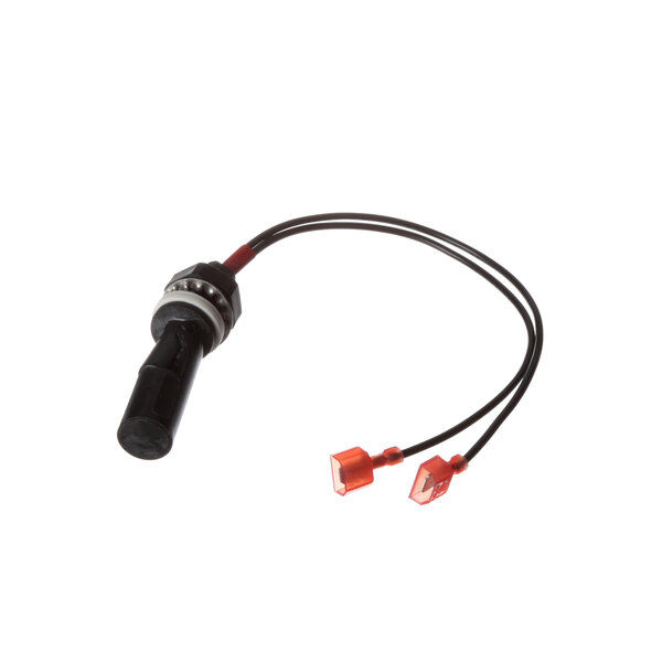 A Groen black float probe with a black and red cable and red connectors.