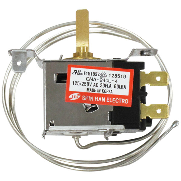 A Master-Bilt commercial refrigeration thermostat with wires.