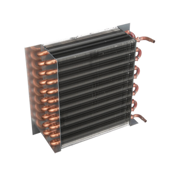 A close-up of a Glastender condenser coil, a copper heat exchanger with copper pipes.