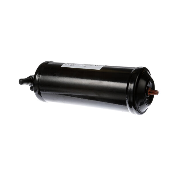 A black cylinder with a white label.