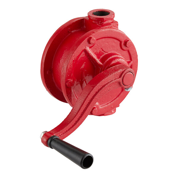 A red metal oil pump with a black handle.