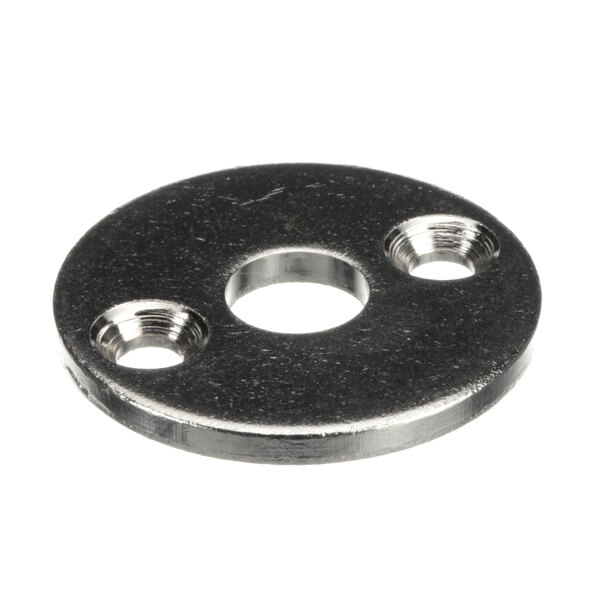 A stainless steel round plate with two holes, the Grindmaster-Cecilware Plate Knob Retair.