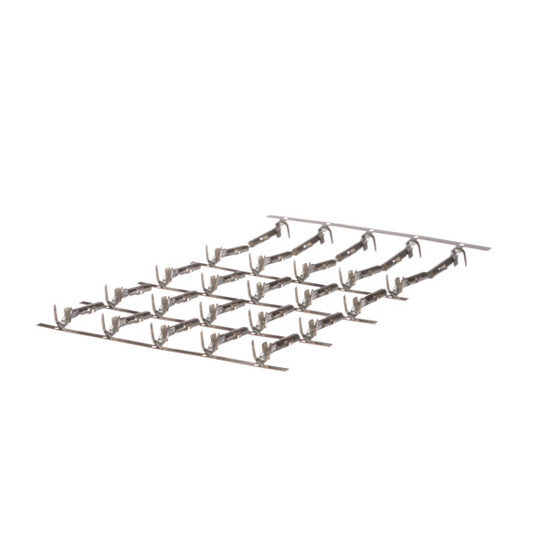 A white metal rack with many small hooks on it.