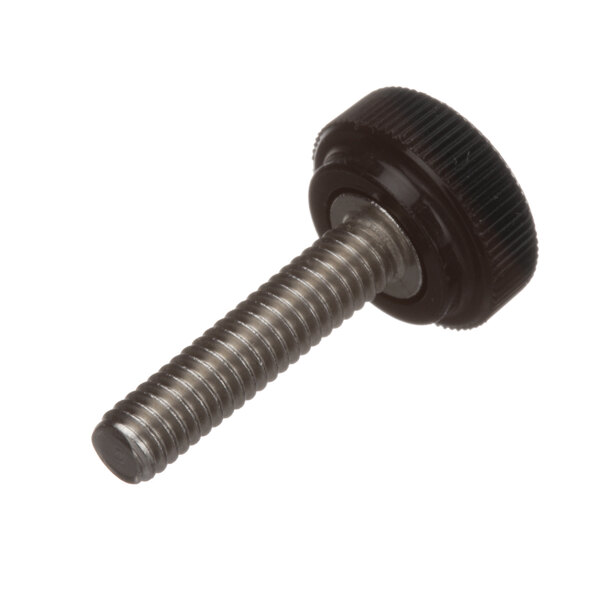 A close-up of a Delfield 8-32x3/4 knurled thumb screw with a black head.
