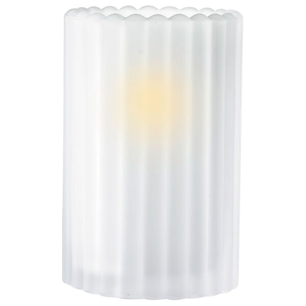 A Sterno Frost Paragon liquid candle in a white plastic holder with a yellow light.