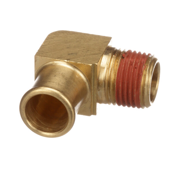 A brass Cleveland hose barb with threaded ends.