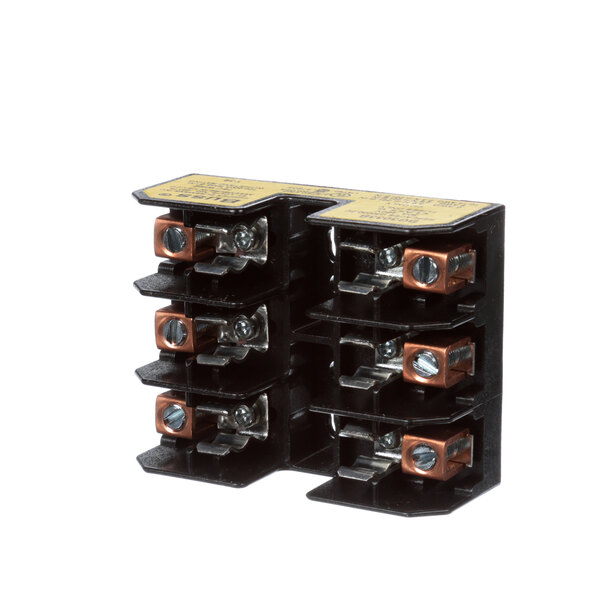 A black and gold Cleveland 3-pole fuse block with copper terminals.