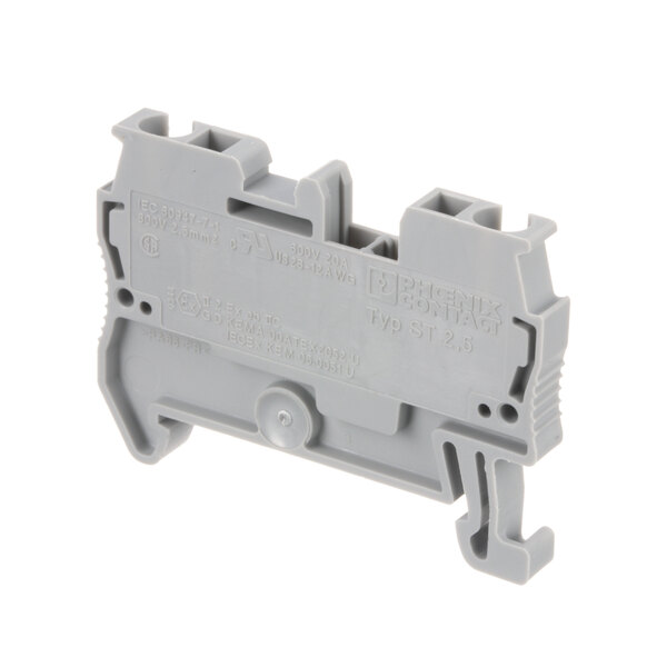 A Champion grey plastic terminal block with two holes.