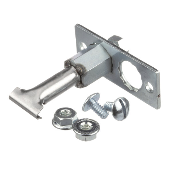 A stainless steel Montague pilot burner latch with nuts and screws.