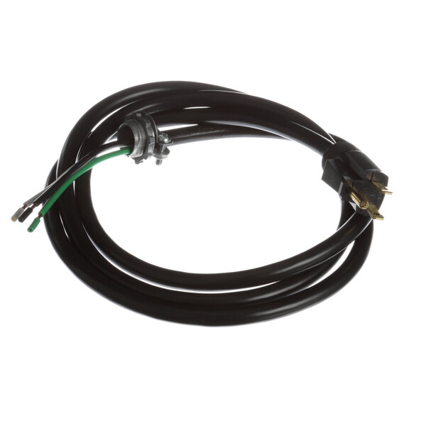 A black electrical cord with a green wire.
