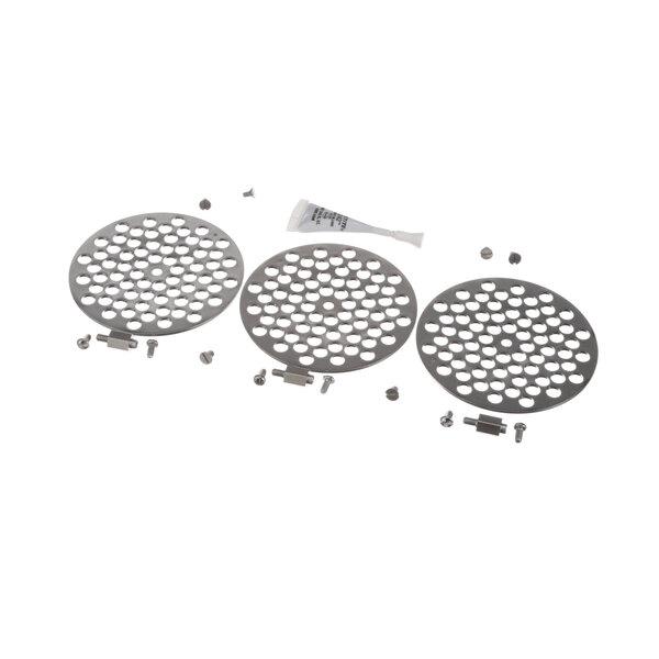 A Power Soak 32120 Strainer Kit with three stainless steel circular drain covers and screws.