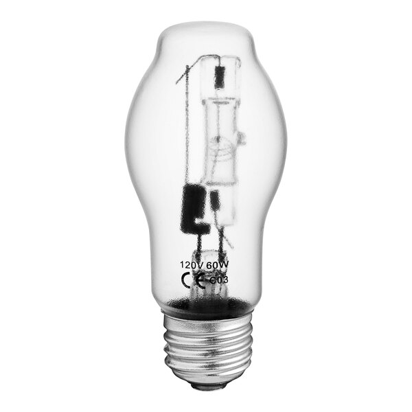 A close-up of a Hatco clear light bulb with a black and silver base.