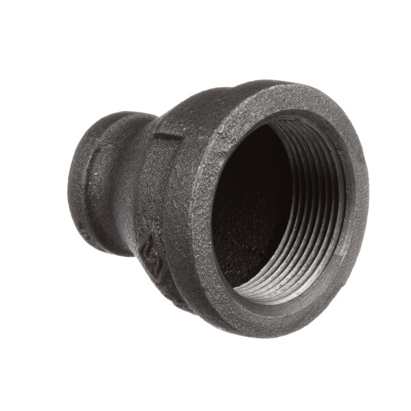 A black threaded Cleveland reducing pipe fitting with a nut.