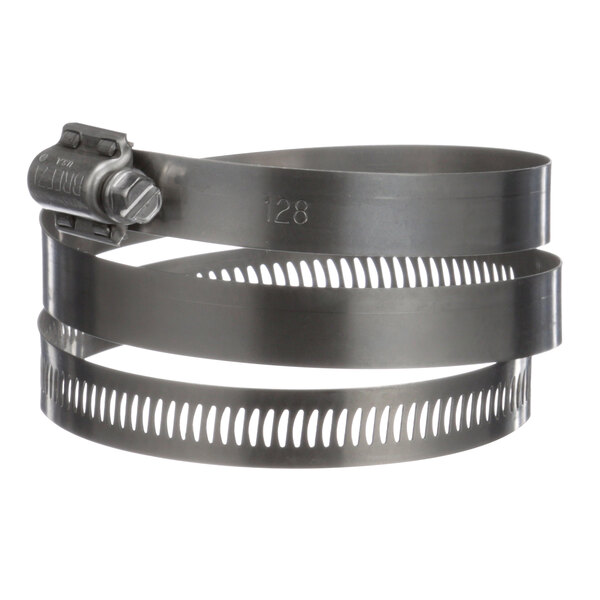 A stainless steel Somat hose clamp with a metal ring.