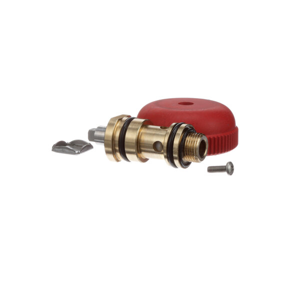 A Cleveland steam inlet assembly with a brass knob and red cap.