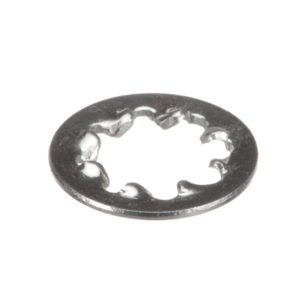 A close-up of a Hobart lock washer, a silver metal circle with a hole in the center.
