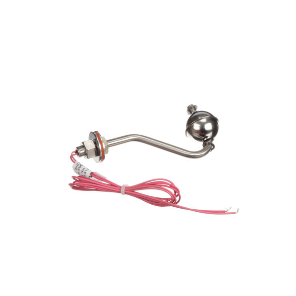 A metal rod with a pink wire attached to it.