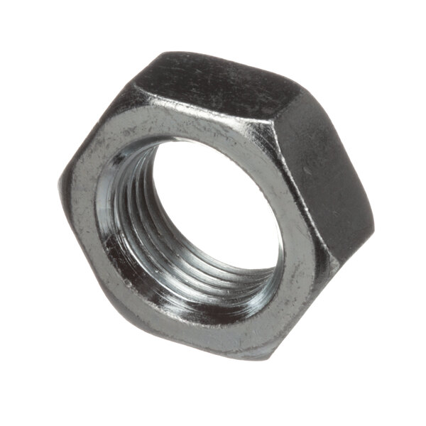 A close-up of a zinc-plated Cleveland Hex Jam Nut with a hexagonal shape.
