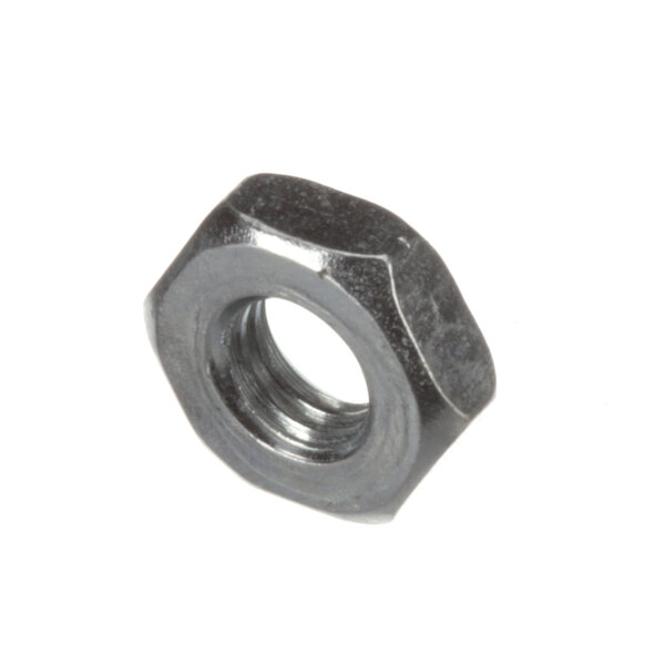 A close-up of a zinc-plated hex nut.