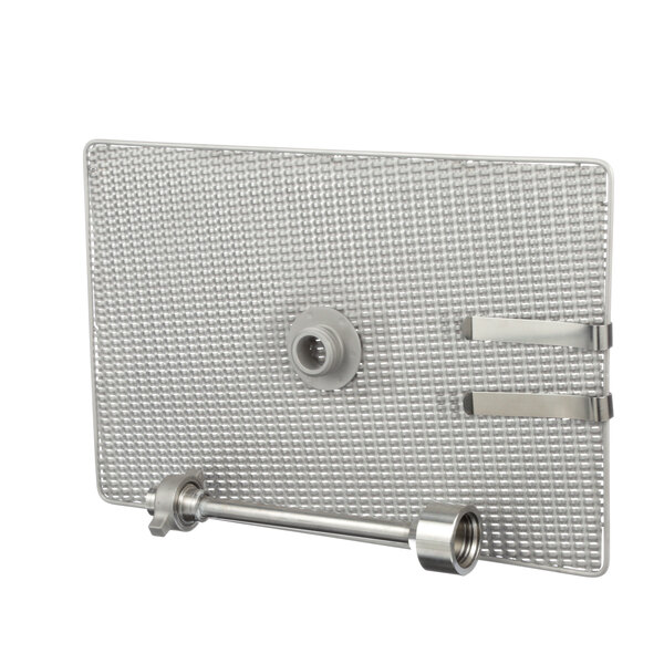 A stainless steel metal grid with a metal handle.