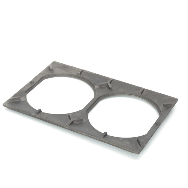A grey rectangular US Range top grate with two circular openings.