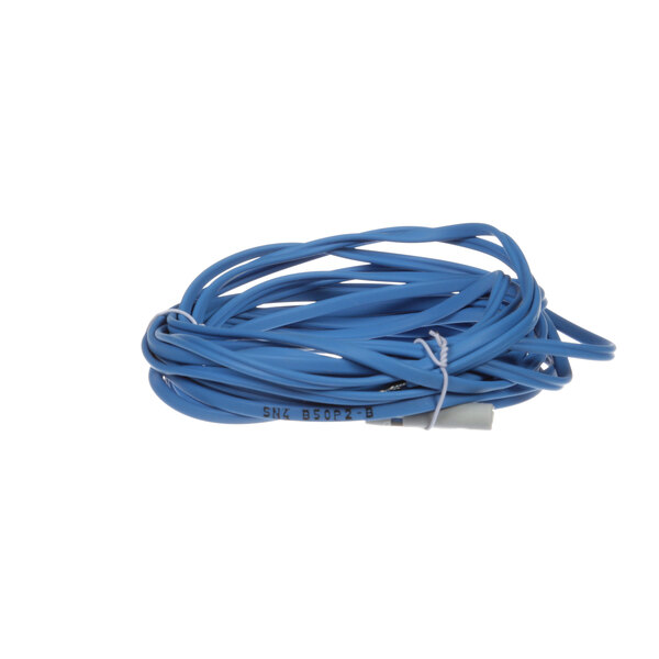 A blue cable wrapped in a roll with white packaging.