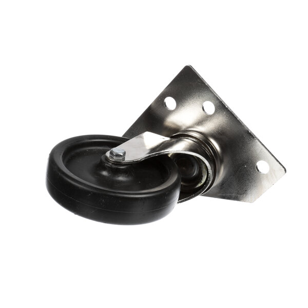 A black and silver metal caster with a metal wheel.