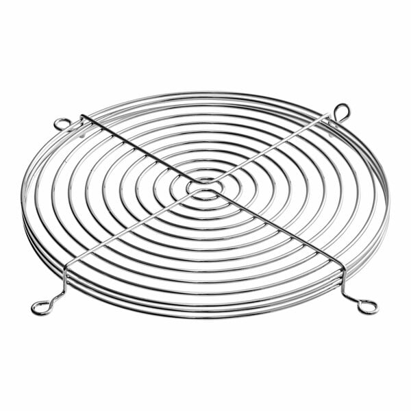 A metal fan guard with a circular grid of rings.