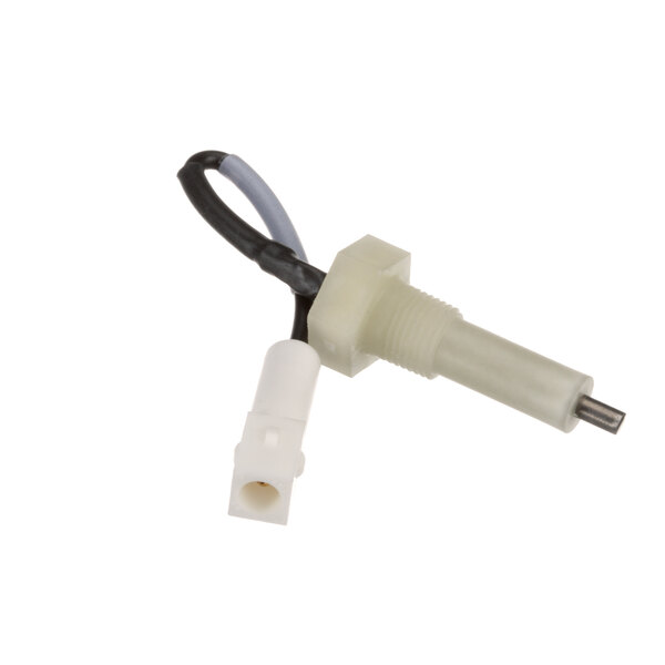 A white and black wire with a plug connector plugged in to a Hobart level probe.