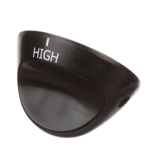 A black Vulcan bowtie knob with white text that says "high"