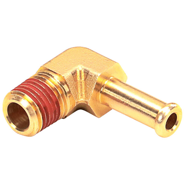 A close-up of a gold and red metal connector with a metal object.