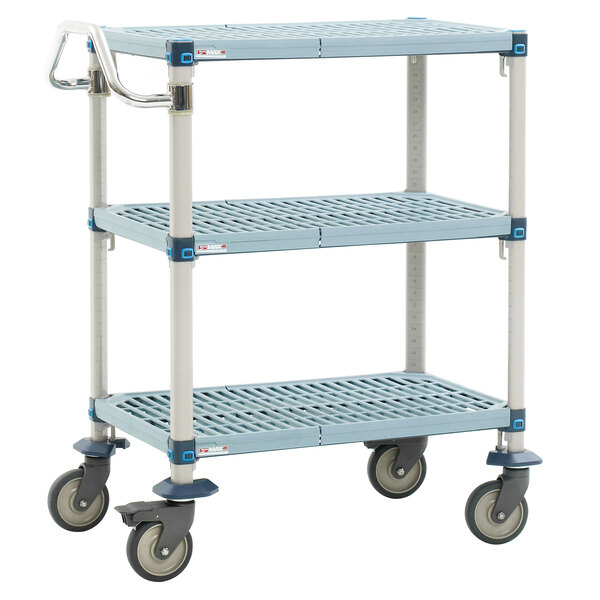 A blue three shelf MetroMax Q utility cart with wheels.