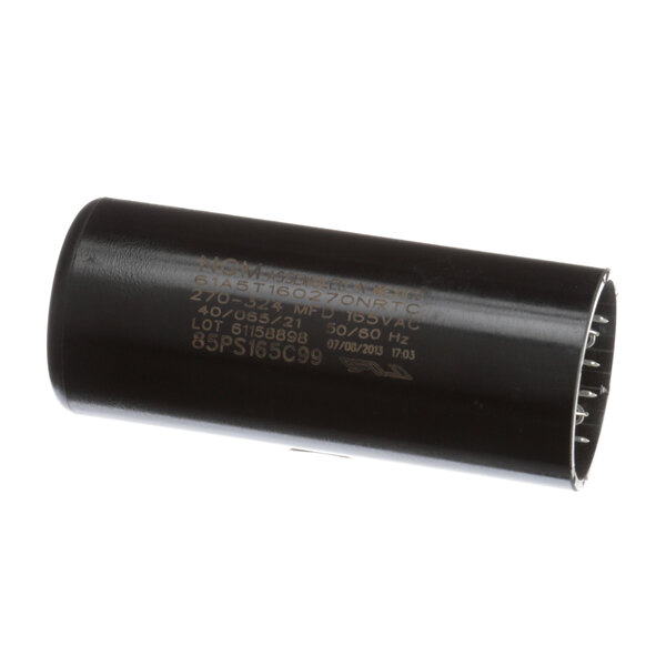 A black cylindrical Beverage-Air start capacitor with writing on it.