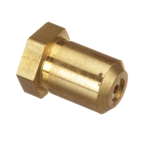 A close-up of a brass threaded brass nut.