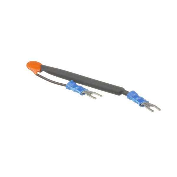 A Henny Penny resistor/cap assembly cable with blue and orange wires and black and blue cable with orange handles.