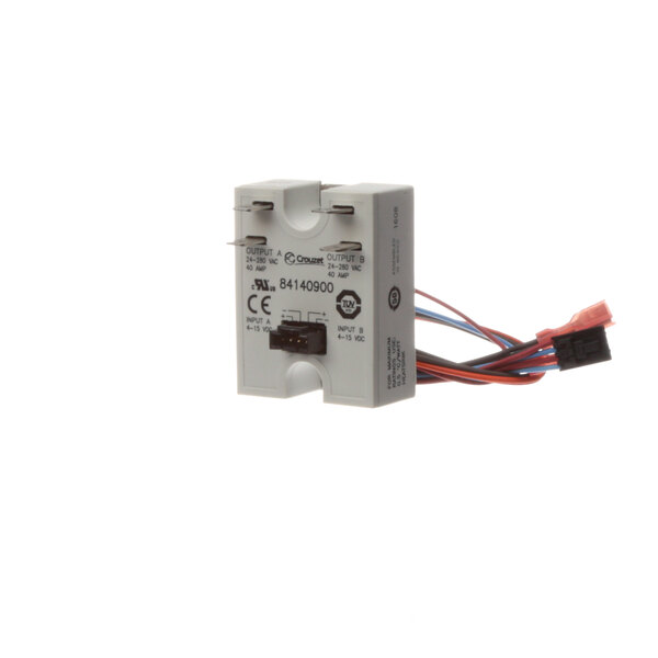 An Antunes 7000315 white electrical relay with wires attached.
