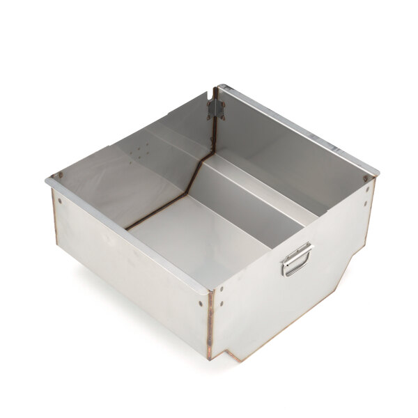 A stainless steel metal box with a silver handle.