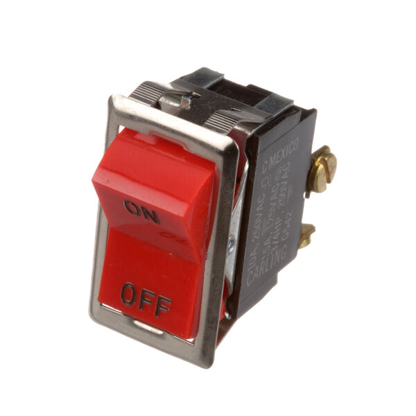A red Wells rocker switch with a red button.