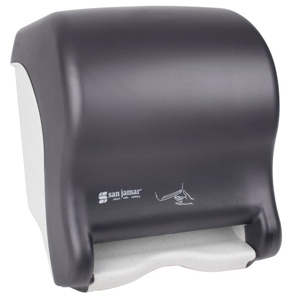 A black San Jamar paper towel dispenser on a white background.