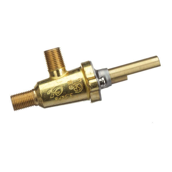 A Vulcan brass griddle valve with a gold handle and long pipe.