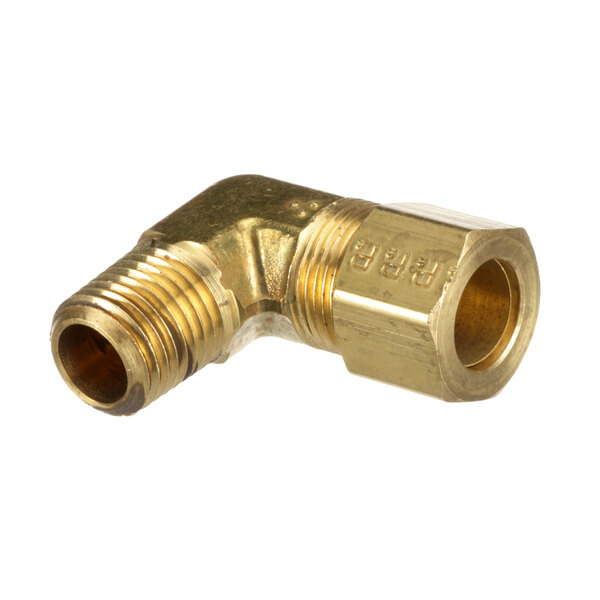 A brass threaded elbow fitting for a Wolf range thermostat.