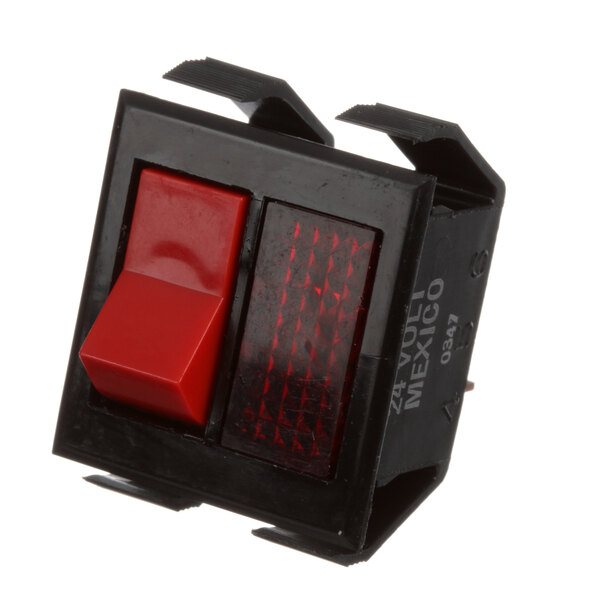 A red and black Vulcan lighted rocker switch turned on with a red light.