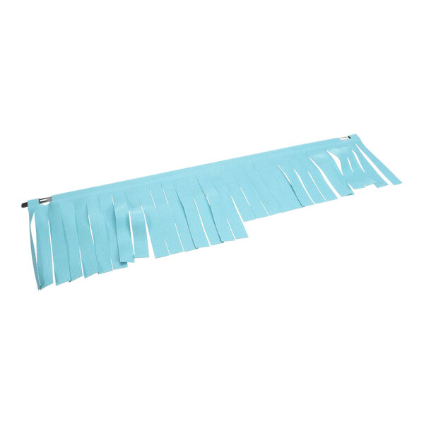 A blue fringed curtain on a white background.