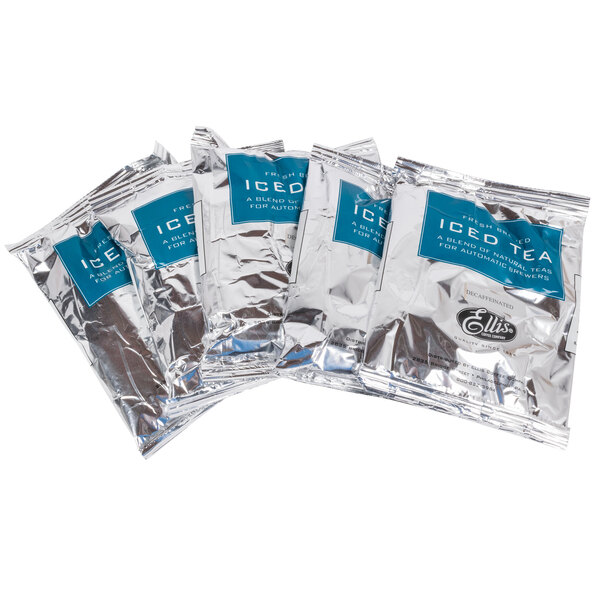 Several packages of Ellis 3 Gallon Decaffeinated Fresh Brewed Loose Leaf Iced Tea Packets.