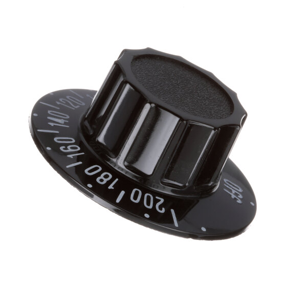 A black plastic knob with white numbers.