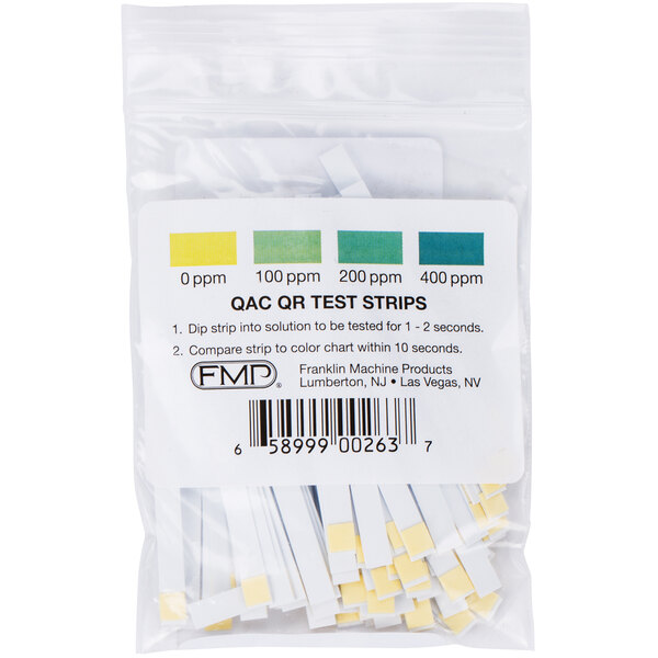 A package of FMP Quaternary Ammonia Sanitizer test strips with a label.