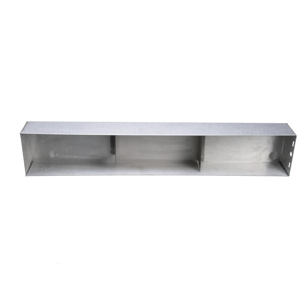 A metal shelf with a shelf inside and holes.