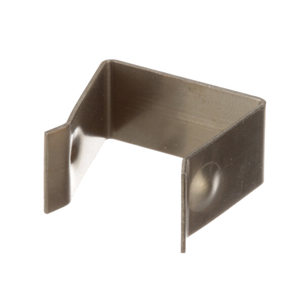 A metal corner bracket with two holes on it.